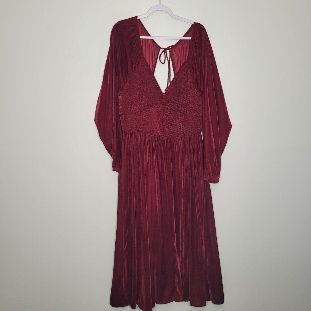 Dark red plus size stretch holiday christmas partial open back cottage dress